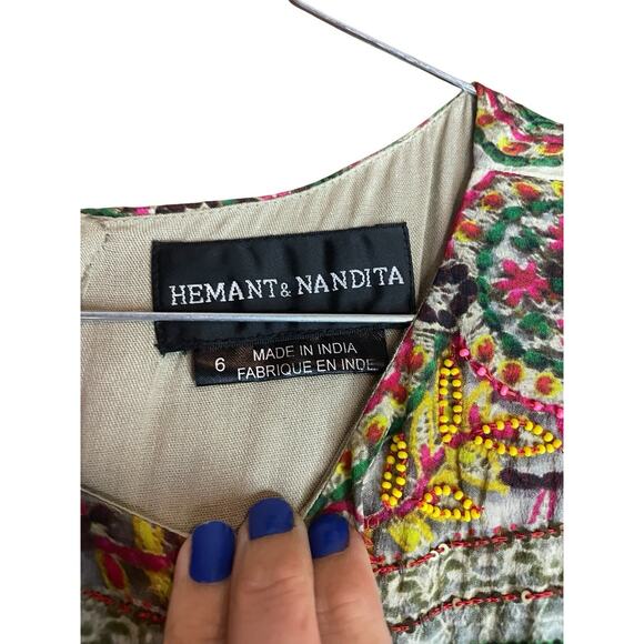 Anthropologie Hemant & Nandita Beaded Sheath Silk Dress 8 Boho Colorful - Picture 3 of 5
